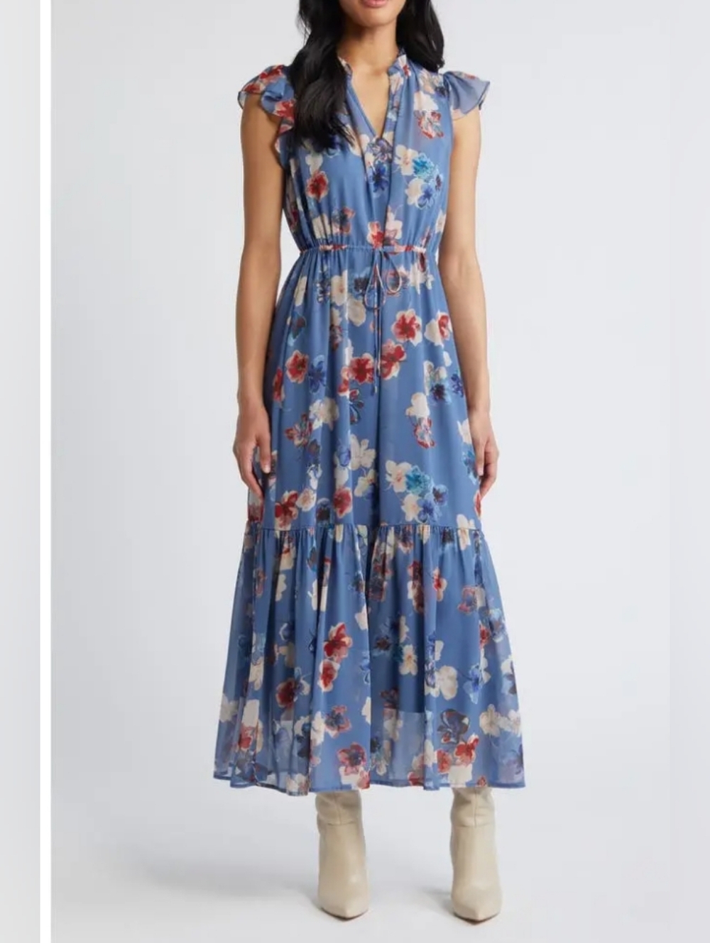 Steve Madden Osiris Floral Cap Sleeve Ruffle DressMidi/Maxi Dress Flutter Sleeve